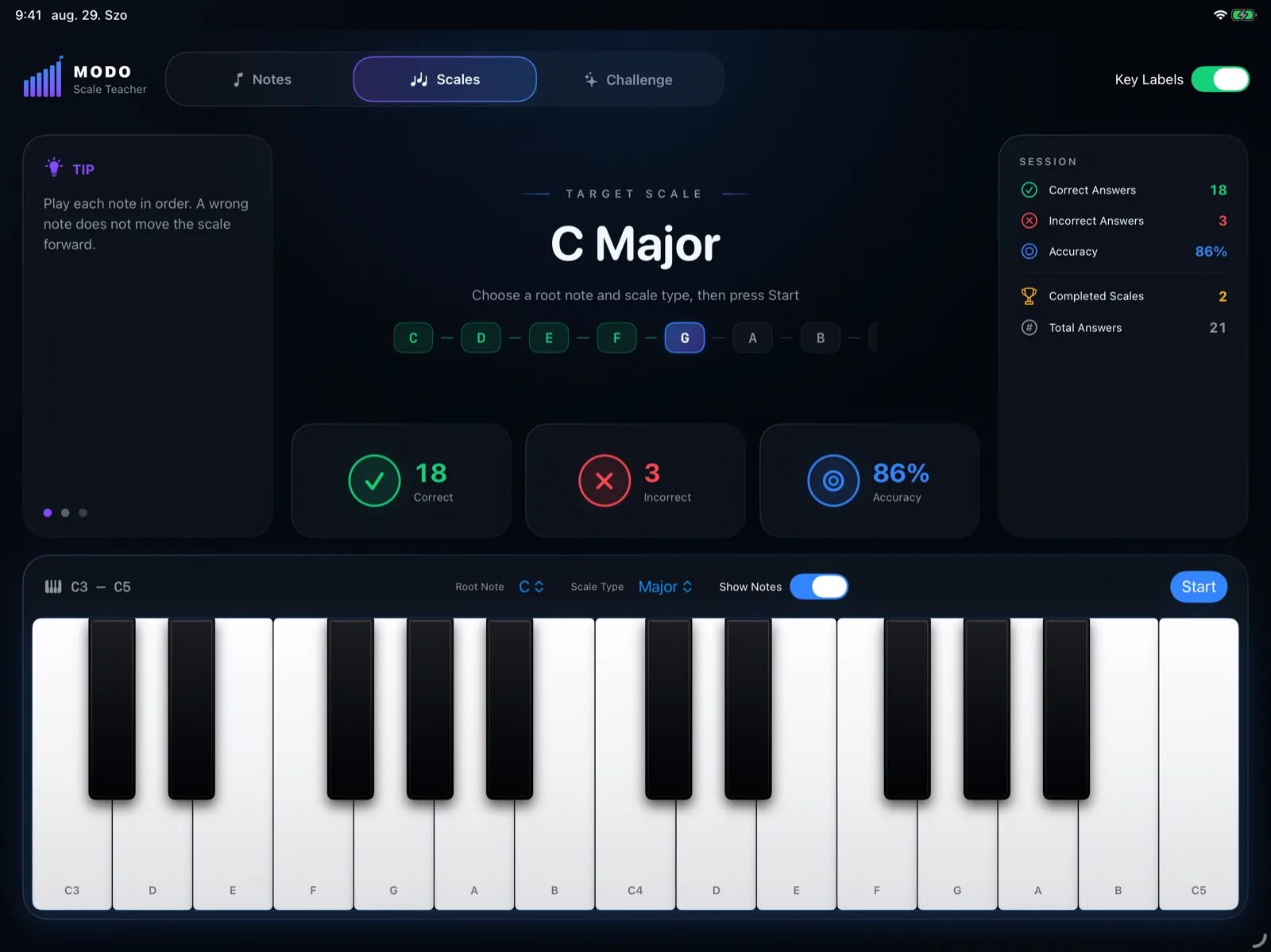 MODO Scale Teacher scale practice screen on iPad